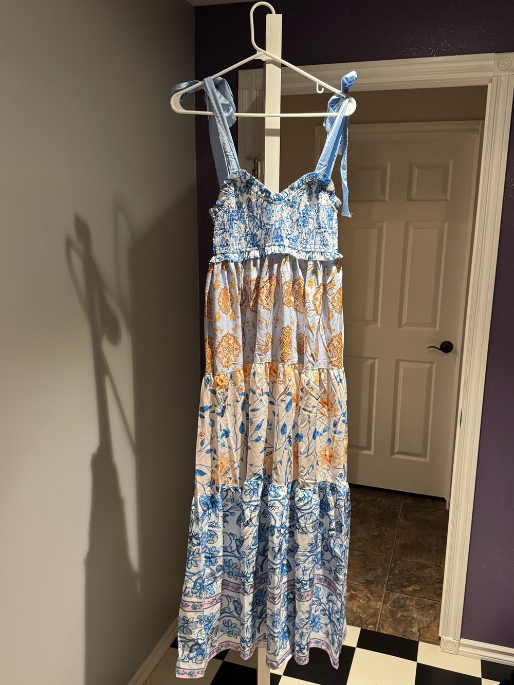 Light Blue & Mustard Floral Tiered Sun Dress with Adjustable Tie Straps